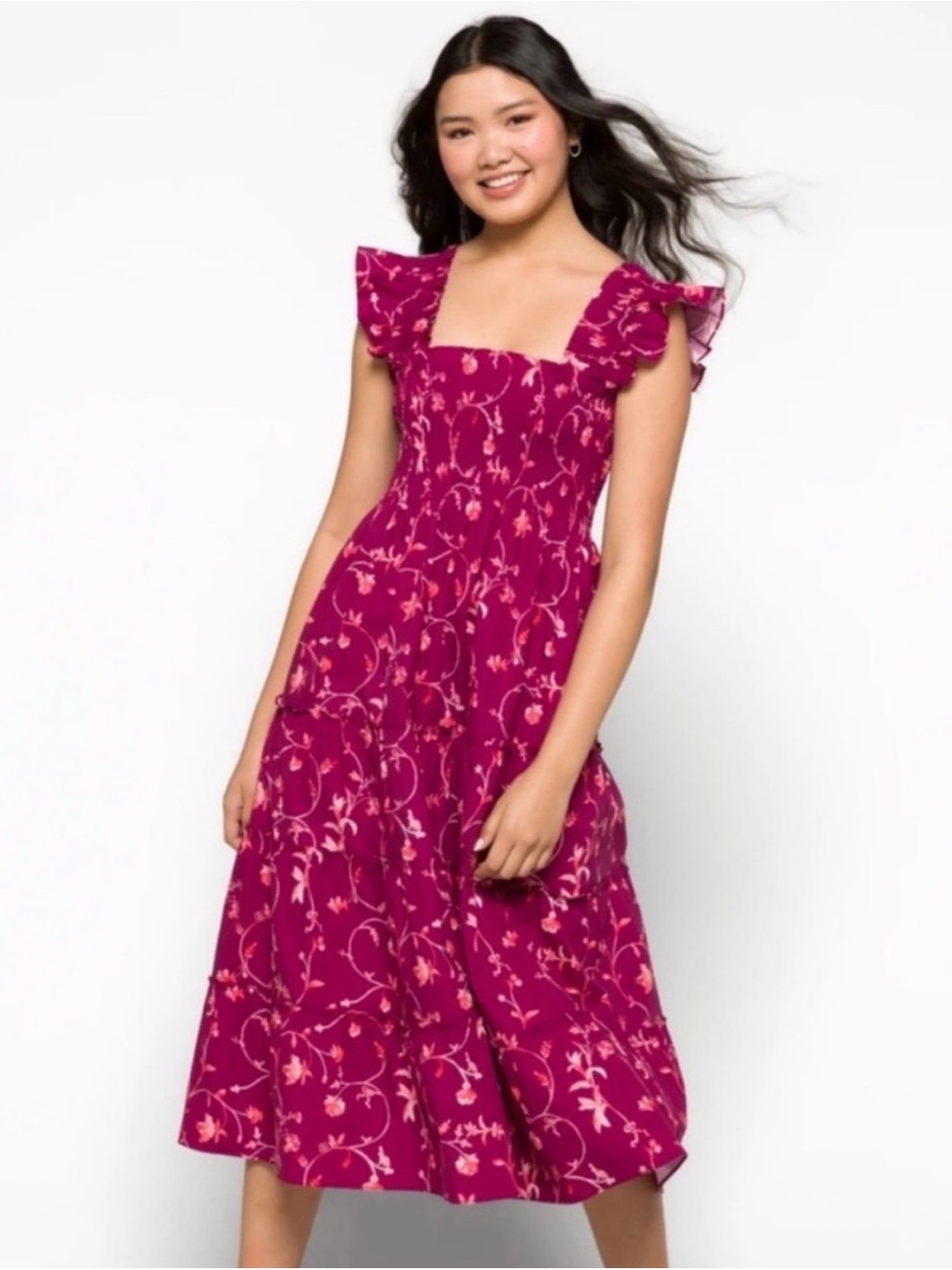 Hill House Magenta Floral Square-Neck Midi Dress